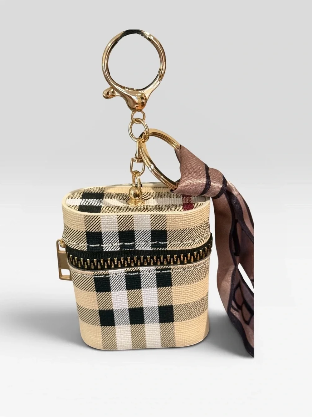 Keychain Backpack Charm Mini Bag Small Lipstick Pouch Plaid W Silk Like Scarf